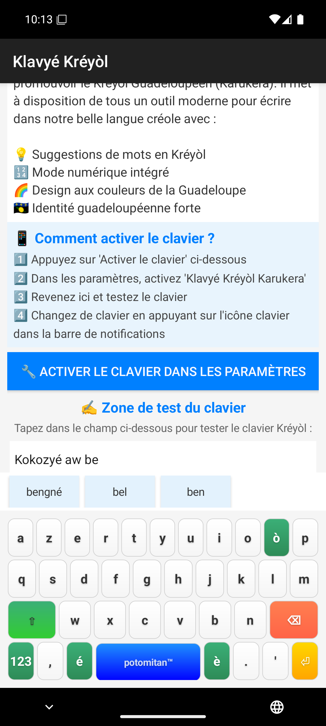Clavier Klavyé Kréyòl Karukera affiché avec la barre de suggestions bengné, bel, ben au-dessus des touches