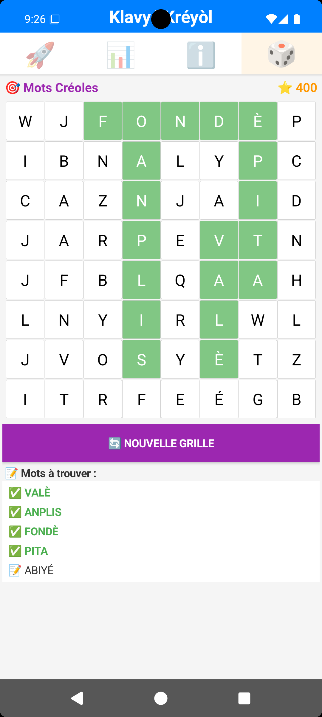 Jeu Mots Mêlés : grille de lettres avec les mots créoles déjà trouvés