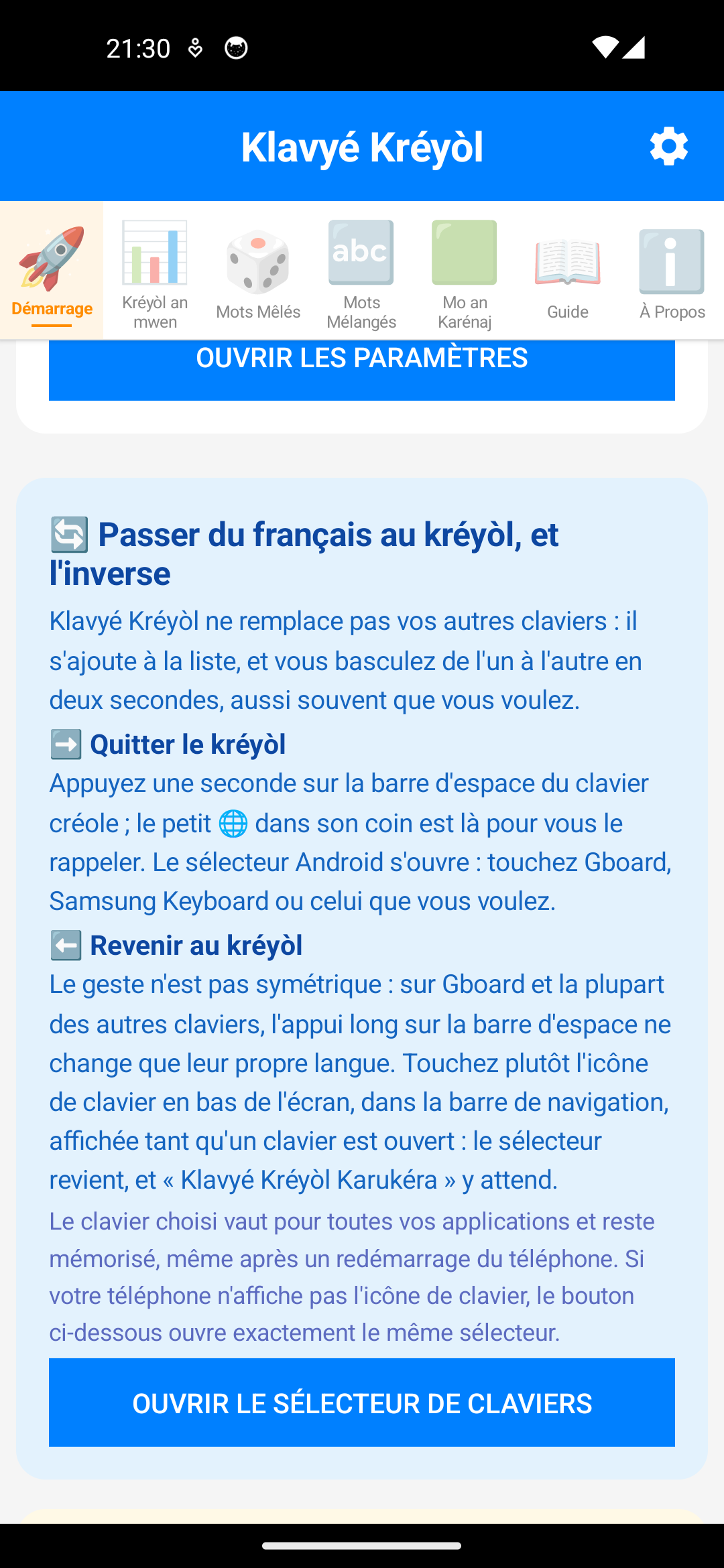 Carte « Passer du français au kréyòl, et l'inverse » dans l'onglet Démarrage, expliquant le geste pour quitter le clavier créole et celui pour y revenir