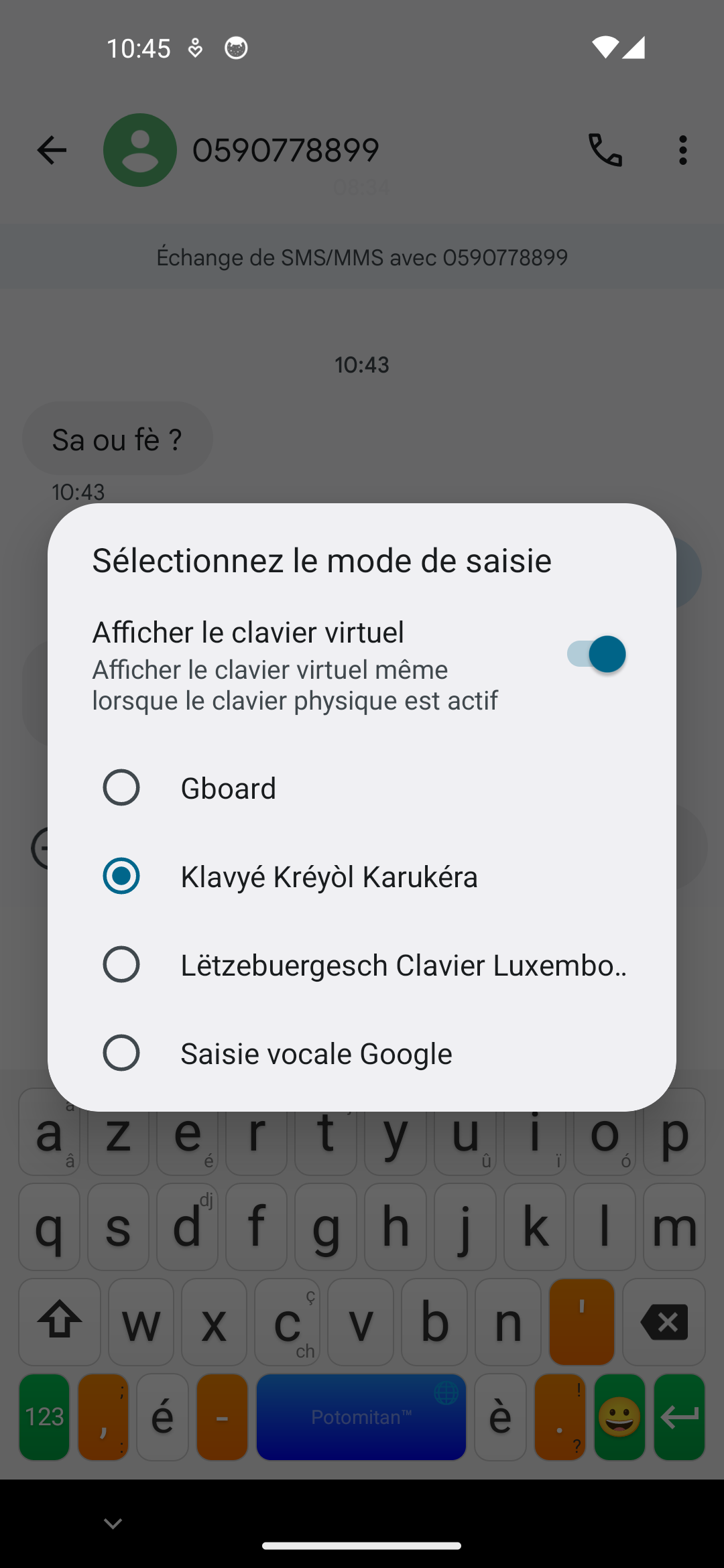 Sélecteur Android « Sélectionnez le mode de saisie » ouvert par-dessus le clavier créole, Klavyé Kréyòl Karukéra coché parmi les claviers installés