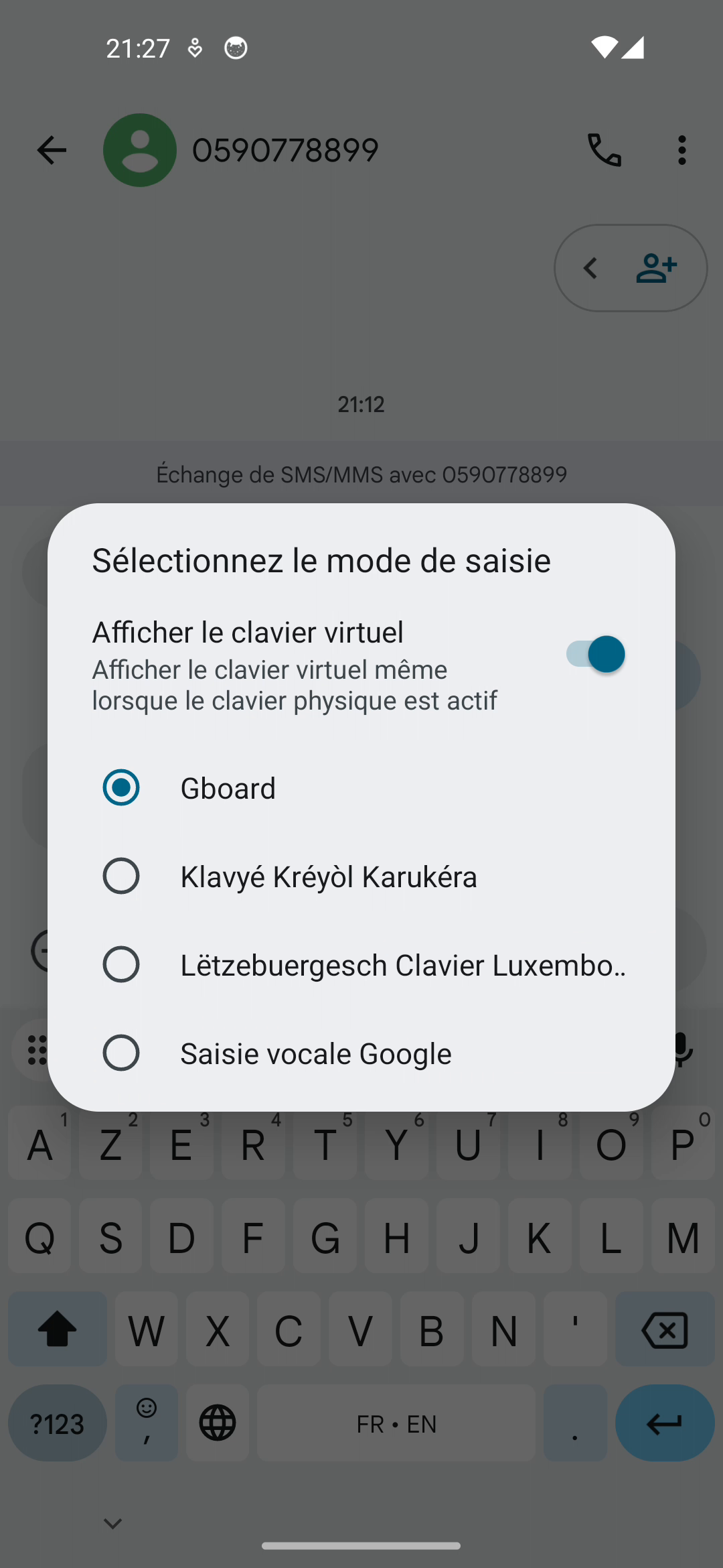 Sélecteur Android rouvert depuis Gboard, montrant Klavyé Kréyòl Karukéra dans la liste des claviers disponibles