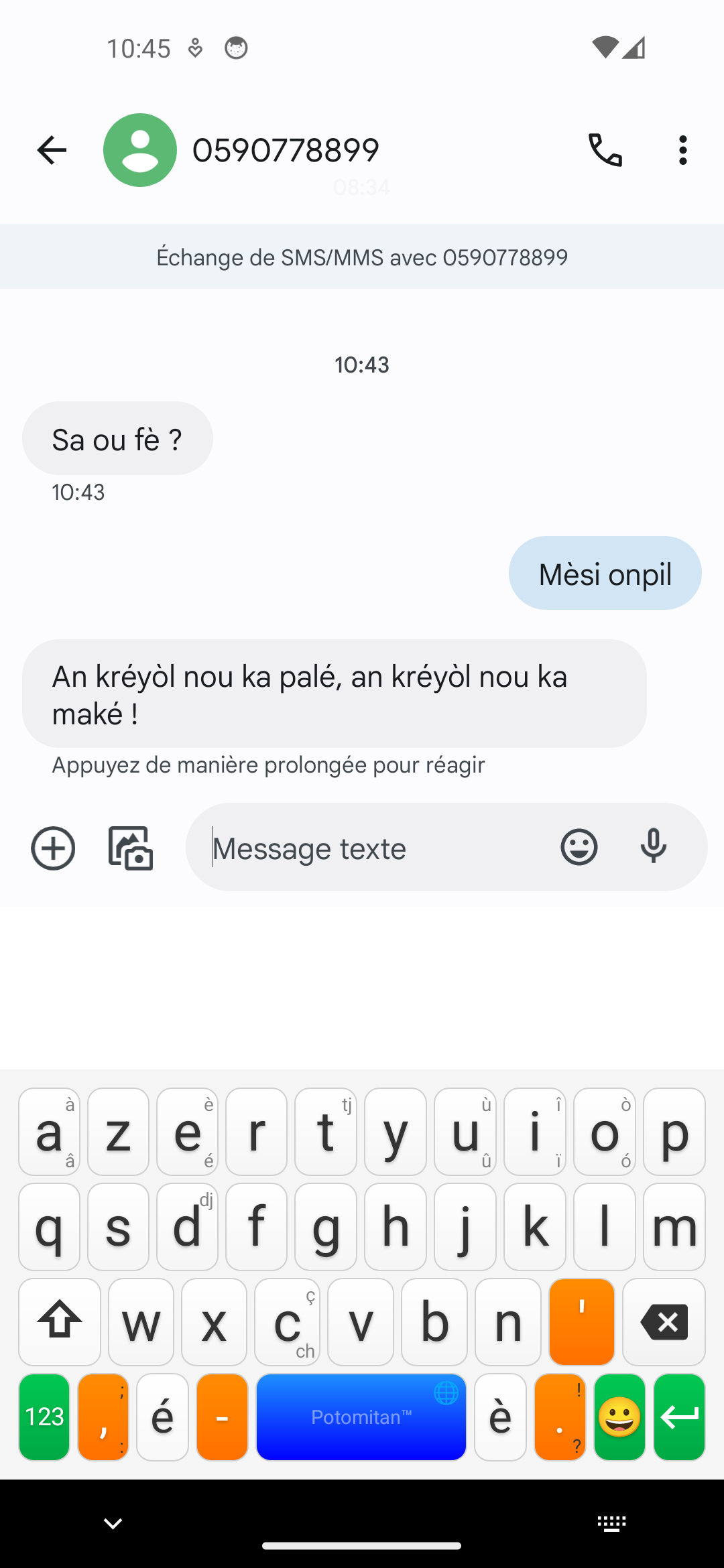 Le clavier créole de retour dans le champ de message, avec ses touches accentuées