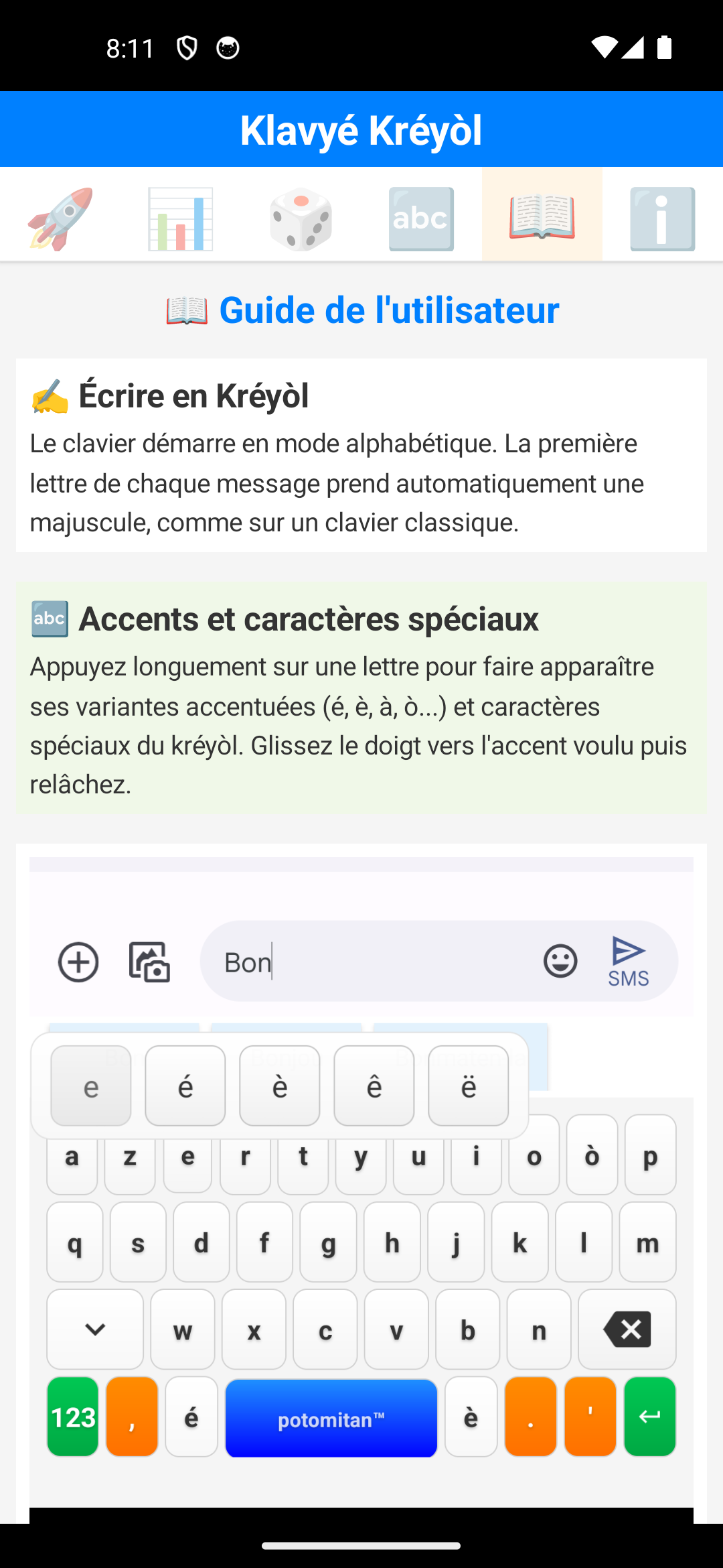 Guide de l'utilisateur avec démonstration du popup d'accents