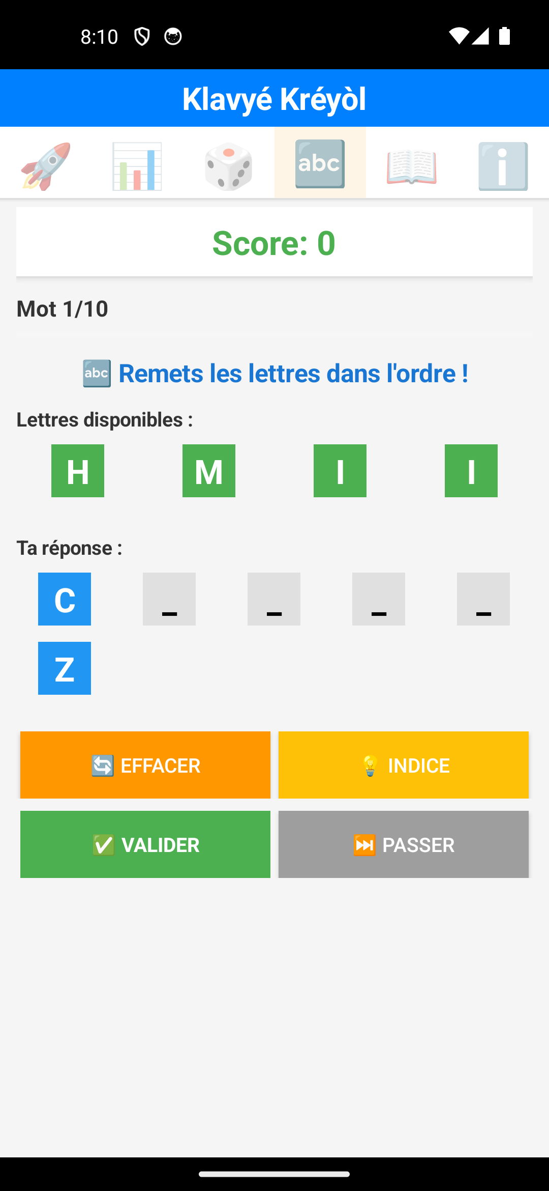 Mini-jeu Mots Mélangés (lettres à remettre dans l'ordre)