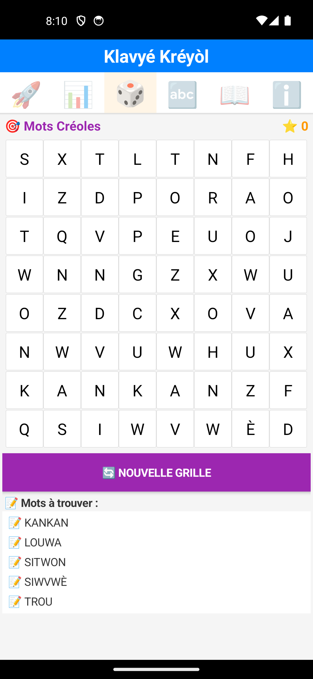Mini-jeu Mots Mêlés (grille de lettres à trouver)