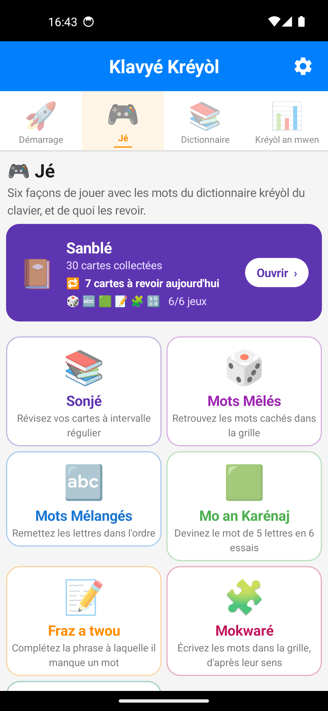 Onglet Jé : le bandeau du carnet Sanblé au-dessus des cartes des jeux Sonjé, Mots Mêlés, Mots Mélangés, Mo an Karénaj, Fraz a twou et Mokwaré