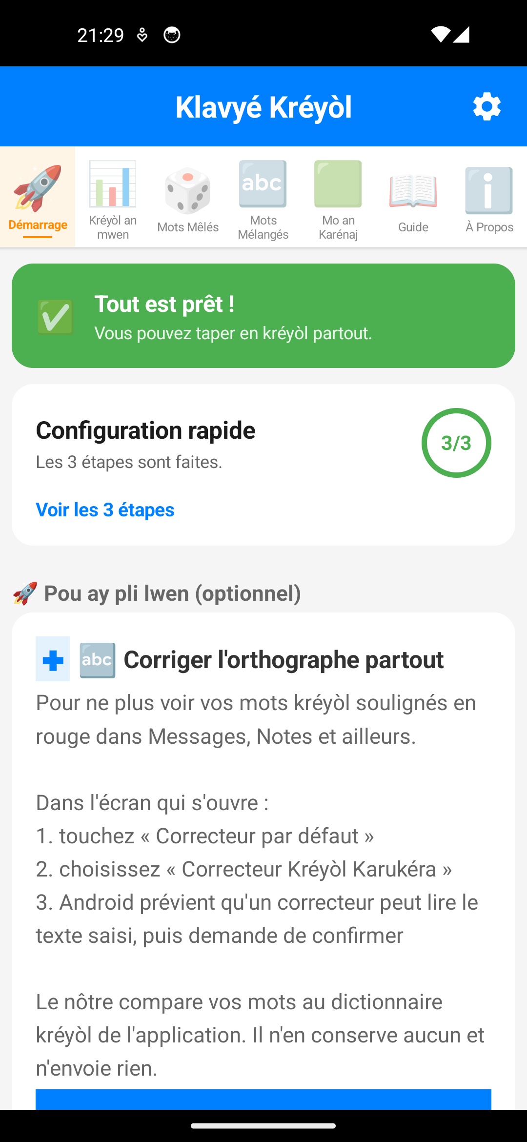 Onglet Démarrage : bandeau « Tout est prêt » et carte « Configuration rapide » repliée sur 3/3