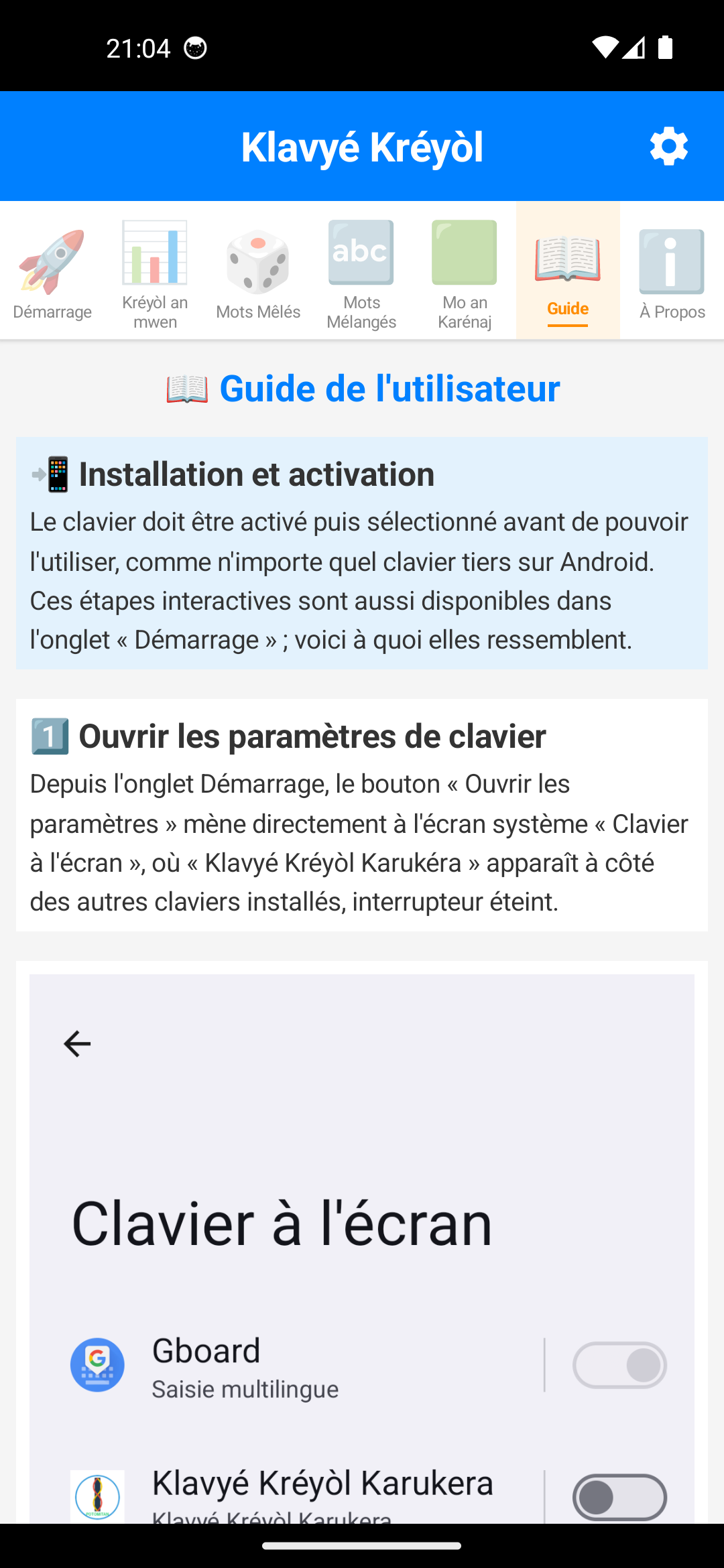 Onglet Guide : sections Installation et activation, puis capture de l'écran système « Clavier à l'écran »