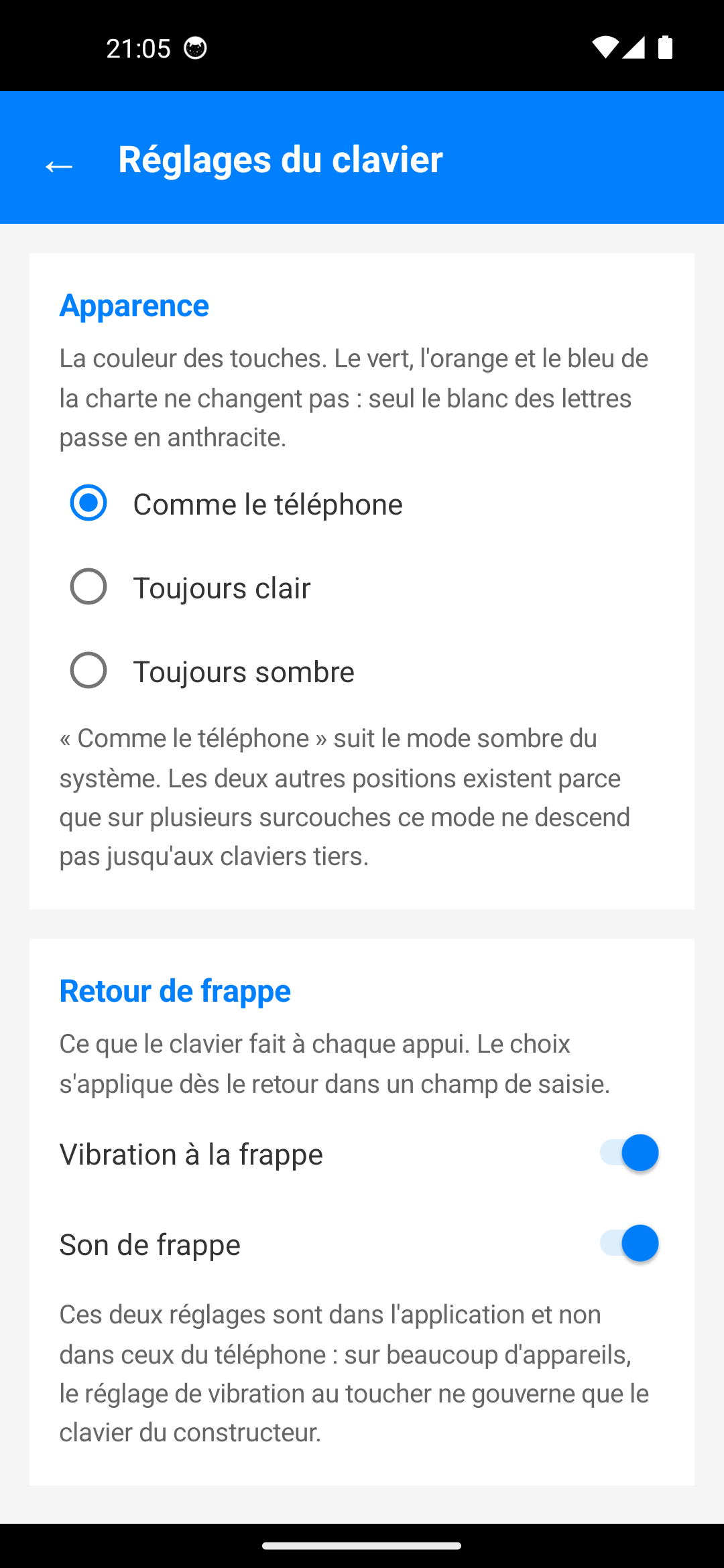 Écran Réglages du clavier : bloc Apparence avec les trois choix de thème, puis interrupteurs Vibration à la frappe et Son de frappe