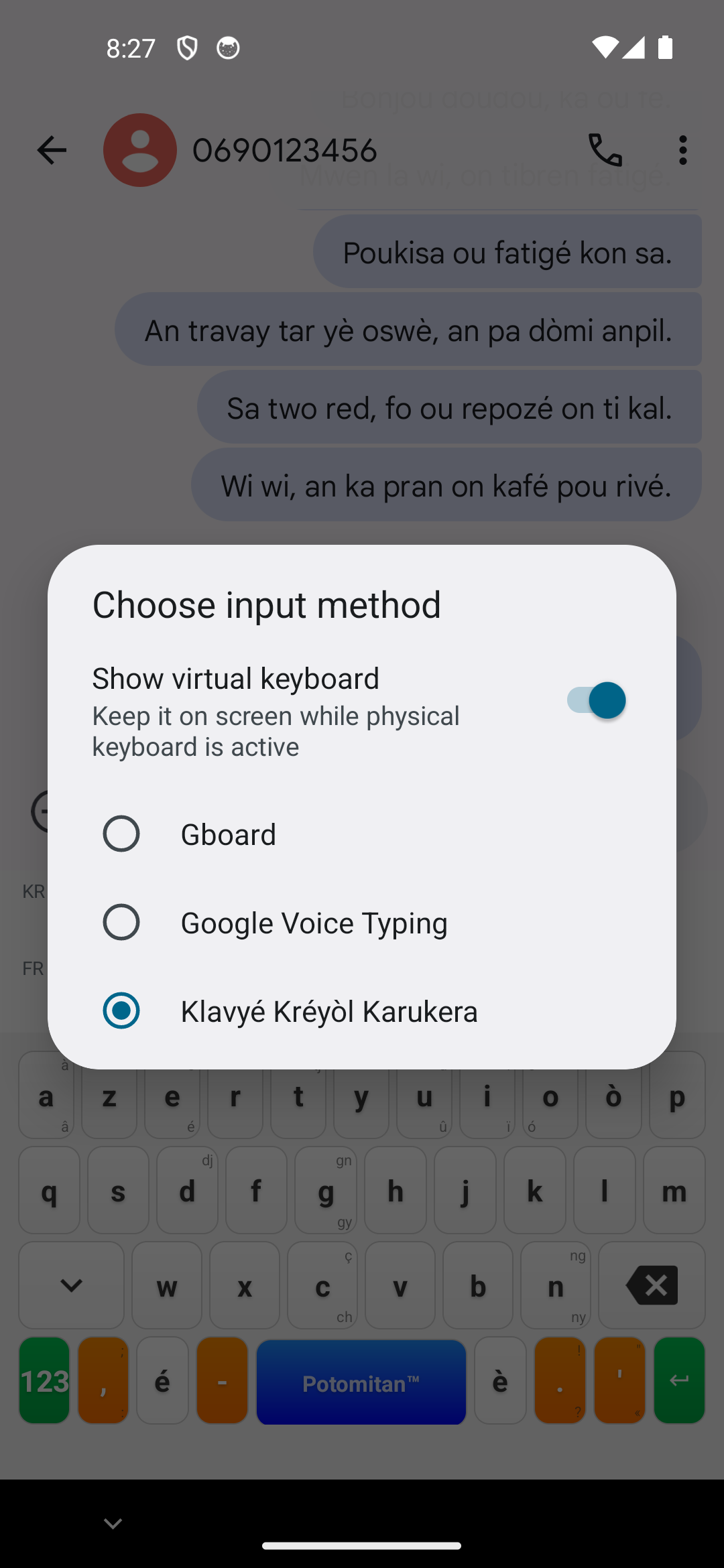 Sélecteur de clavier Android : Klavyé Kréyòl Karukera aux côtés de Gboard