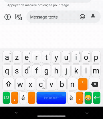Animation : « kré », puis appui long sur la touche o qui ouvre le choix o, ò, ô, ó, œ, et le ò touché complète « Kréyòl »