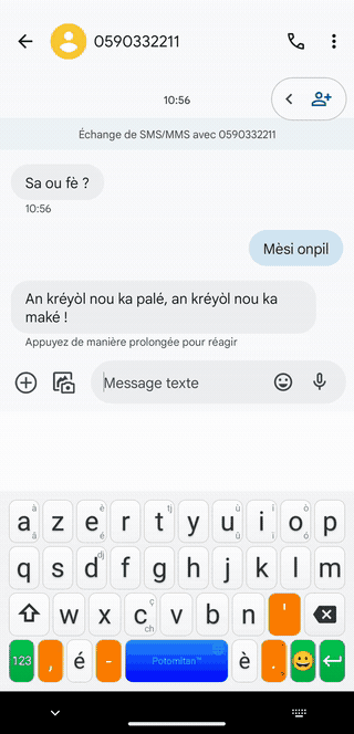 Animation : appui long sur la barre d'espace, sélecteur Android, passage à Gboard, puis retour au clavier kréyòl par l'icône de clavier de la barre de navigation