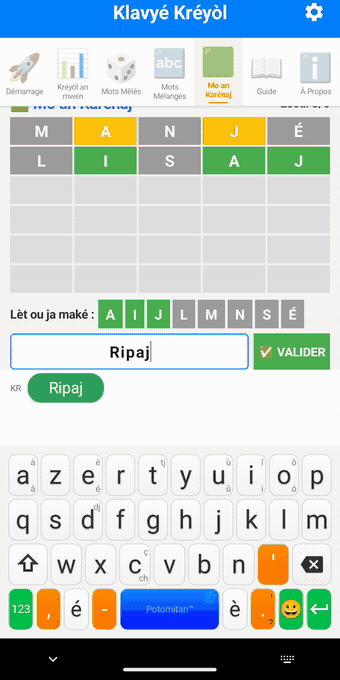 Animation : les essais RIPAJ, TIRAJ puis VIRAJ tapés au clavier, les cases se colorant en vert, orange et gris jusqu'au message « Bravo ! »