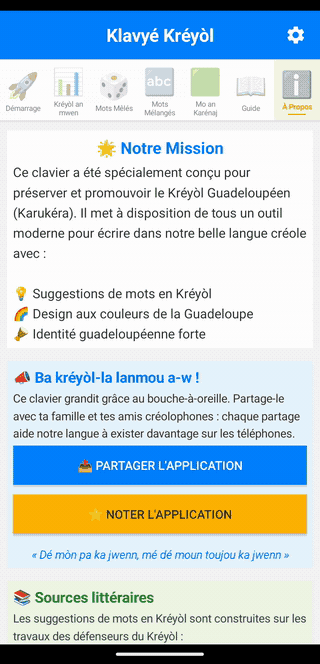 Animation : le bouton « Partager l'application » ouvre le partage Android avec un message en kréyòl et le lien de téléchargement