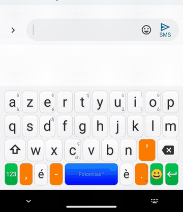 Animation : « bonjou », « tou » puis « mou » tapés au clavier, chaque fois complétés en touchant la suggestion kréyòl, pour écrire « Bonjou tout moun »