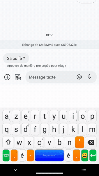 Animation : réponse « Mèsi onpil » écrite au clavier kréyòl dans un SMS, envoyée, puis message reçu en kréyòl