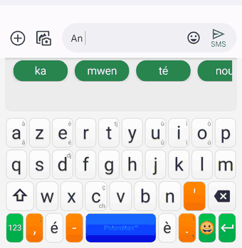 Animation : « An kre » tapé au clavier, un halo suivant le doigt, puis la pastille « kréyòl » touchée dans la barre de suggestions. Le mot s'écrit en entier avec ses accents, et le clavier propose aussitôt les mots qui viennent après