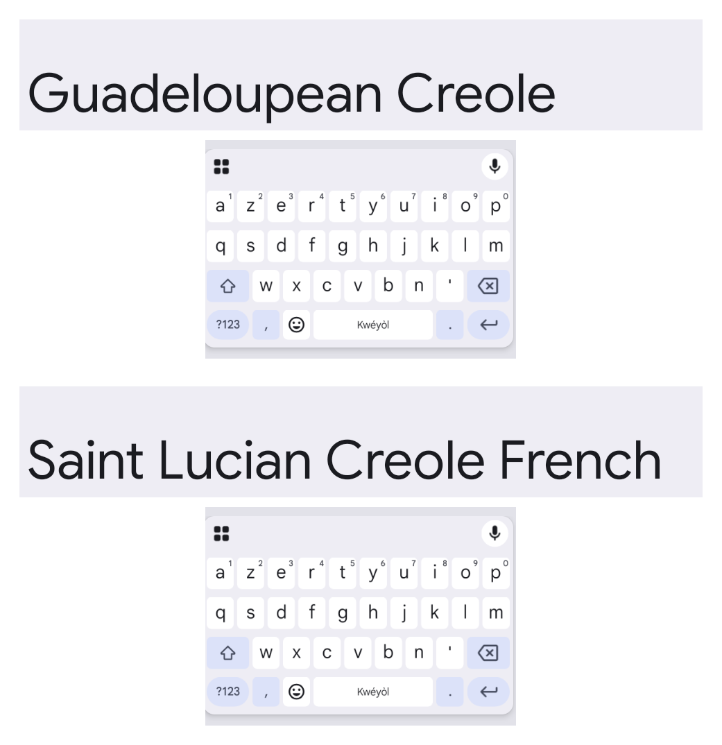 Deux écrans de réglages de Gboard : sous le titre « Guadeloupean Creole » et sous le titre « Saint Lucian Creole French », le même clavier AZERTY, avec le mot Kwéyòl écrit sur la barre d'espace dans les deux cas.