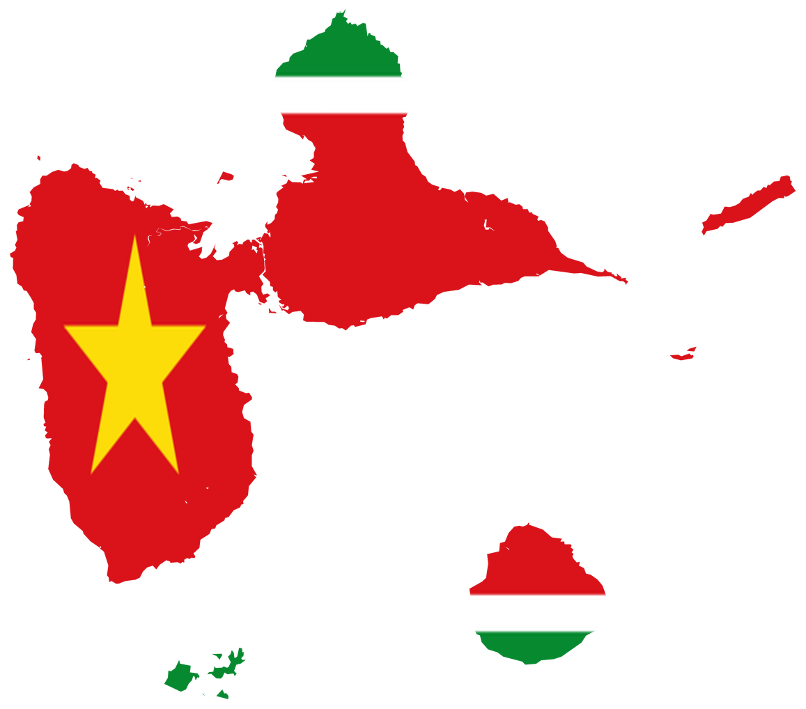 Silhouette de la Guadeloupe aux couleurs du drapeau