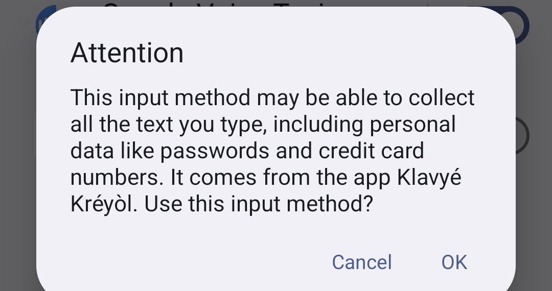 Message système Android : « ce clavier peut collecter le texte que tu tapes »