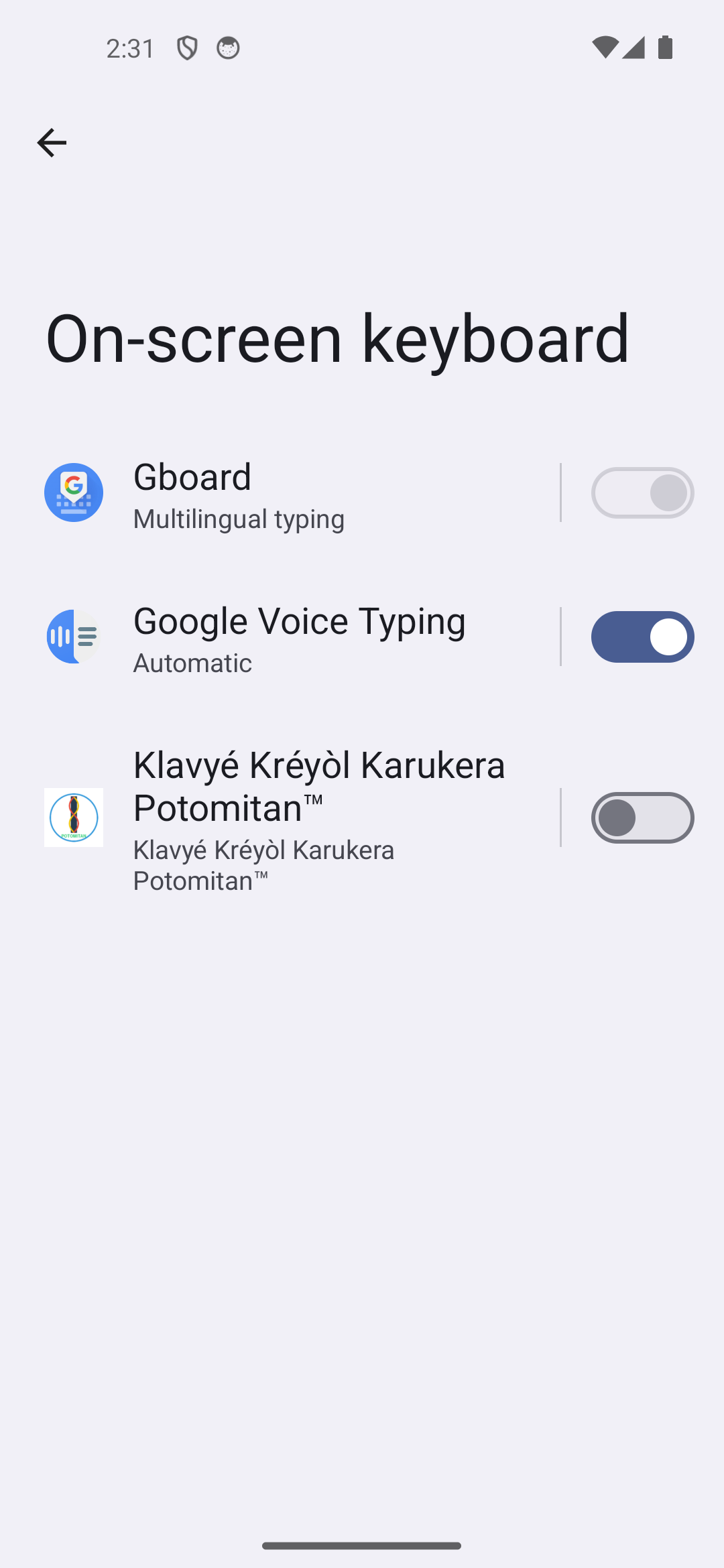 Écran des paramètres Android listant les claviers disponibles, avec l'interrupteur à activer pour Klavyé Kréyòl Karukera