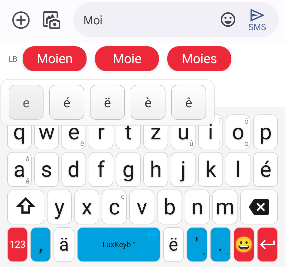 Appui long sur la touche e affichant le choix é, ë, è et ê