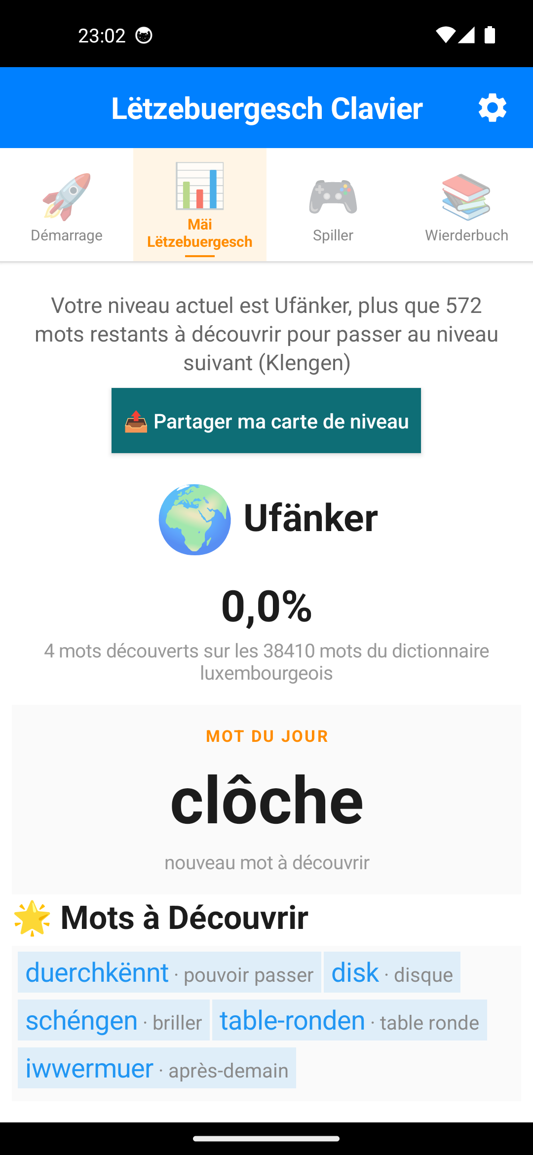 Écran de progression : niveau Ufänker, 0,5 % du dictionnaire découvert, mot du jour et mots à découvrir