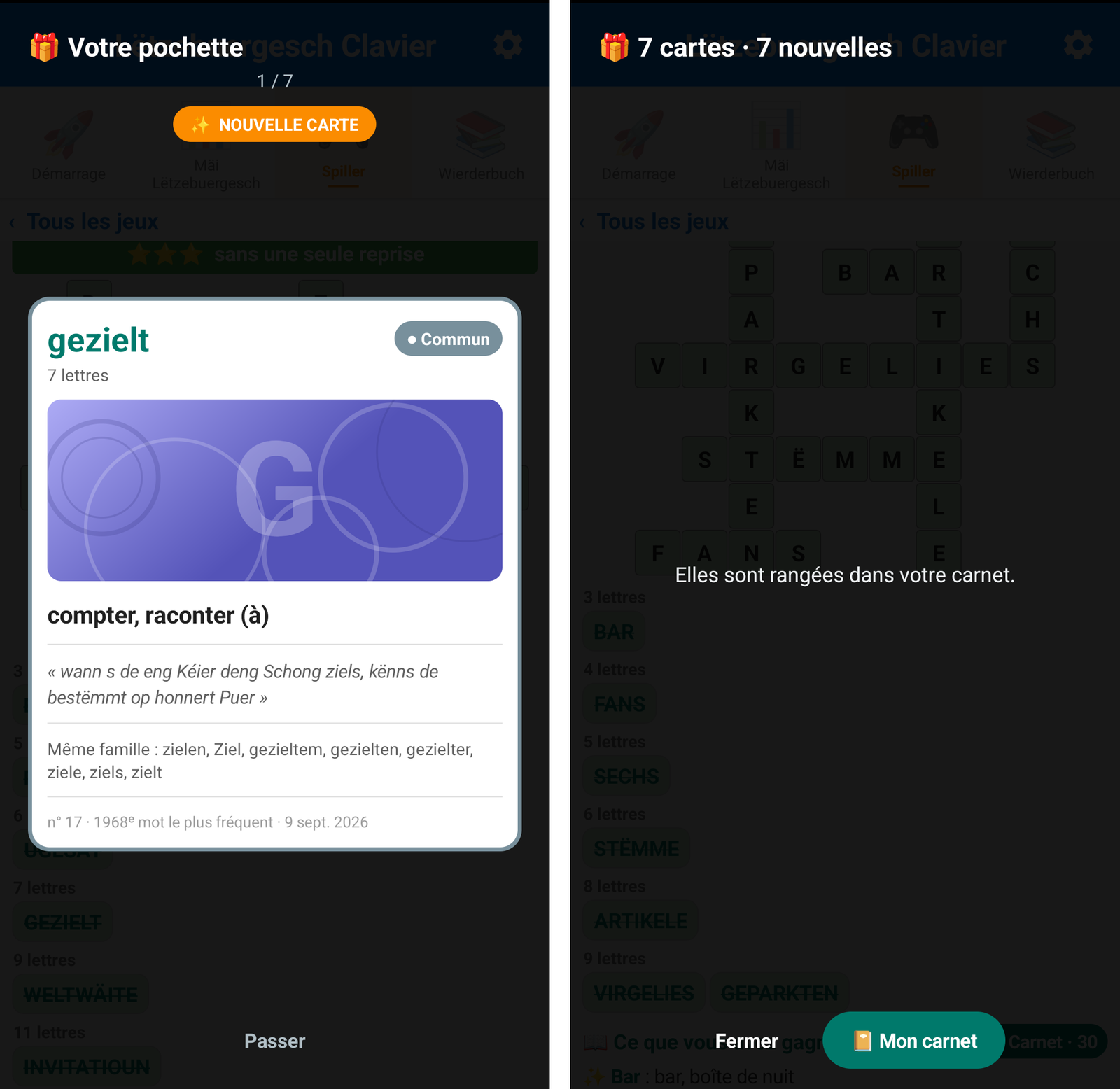 Deux écrans de la pochette de fin de grille : à gauche, la carte du mot « gezielt » retournée face visible avec l'étiquette « Nouvelle carte » ; à droite, le bilan « 7 cartes · 7 nouvelles » et le bouton « Mon carnet »