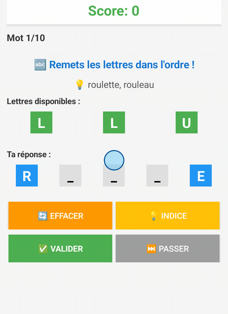 Animation Wuertmix : les lettres sont replacées une à une pour reconstituer « Rulle » (roulette, rouleau), dont la première et la dernière lettre sont données, puis la réponse est validée