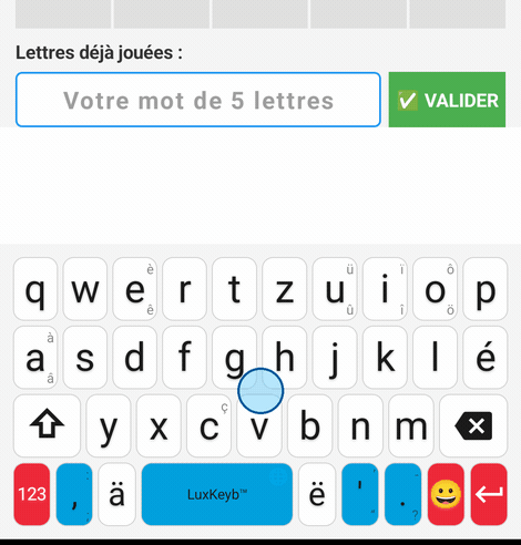 Animation Wuertriet : deux mots tapés au clavier luxembourgeois puis validés ; les lettres se colorent en vert, orange ou gris selon leur position