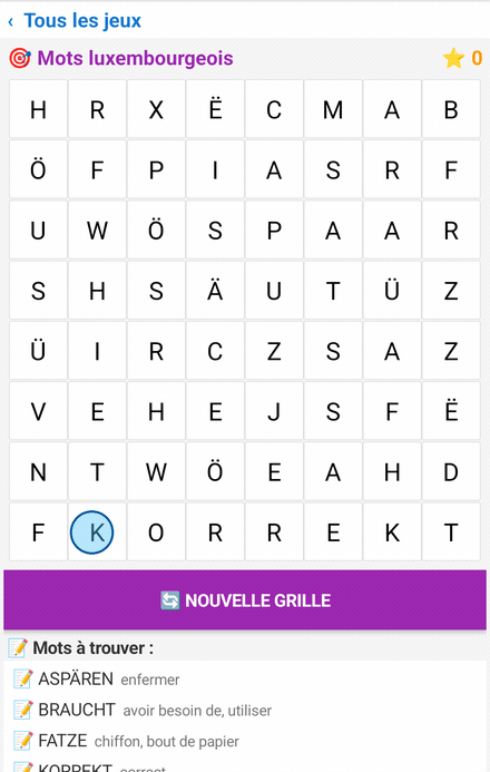 Animation Wuertsich : le doigt trace KORREKT à l'horizontale puis BRAUCHT en diagonale dans la grille de mots mêlés ; les cases passent au vert et les mots se cochent dans la liste