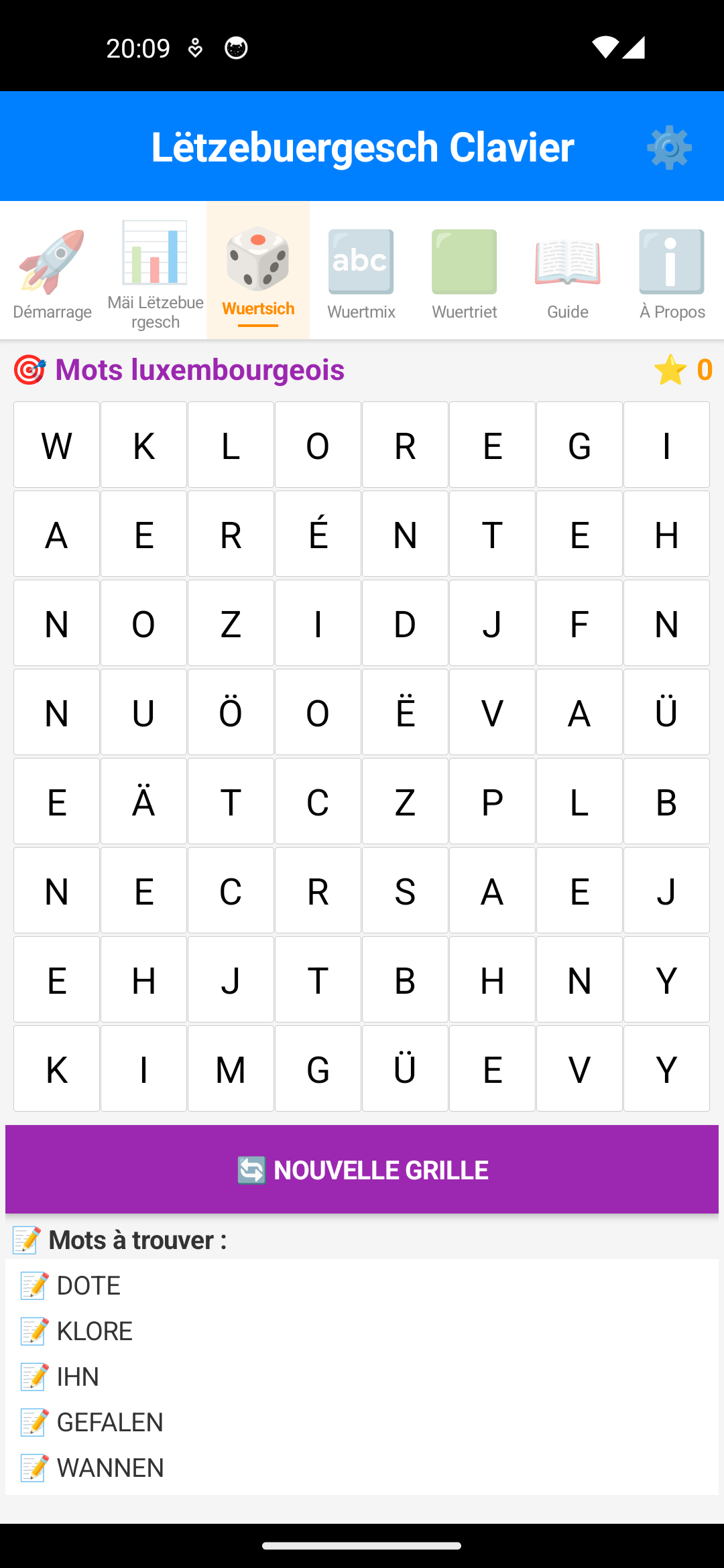 Jeu Wuertsich : grille de lettres où retrouver des mots luxembourgeois